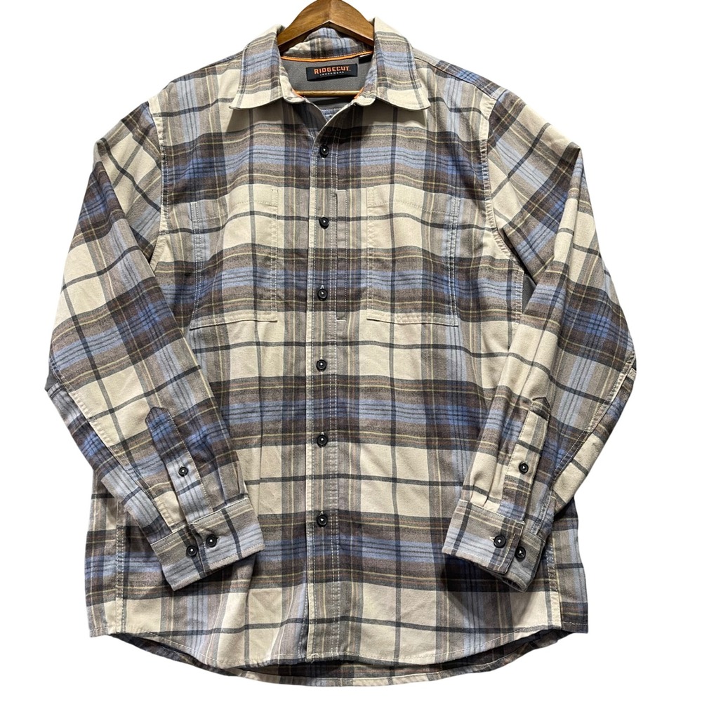 Ridgecut Toughwear Flannel Shirt Mens L Tan Blue Plaid Workwear Gusseted Utility